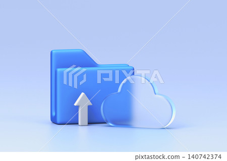 Glassmorphism icon set featuring blue document folder, opaque cloud, and arrow indicating data upload, The elements are arranged on light blue gradient background 140742374