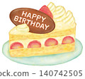 An illustration of a birthday cake being served on a plate. 140742505