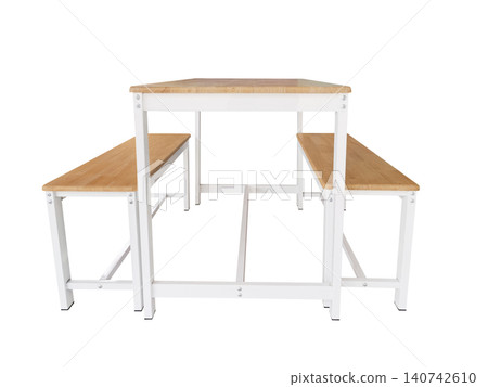 A wooden dining table with benches on a white background. A wooden dining table with benches on a white background. 140742610