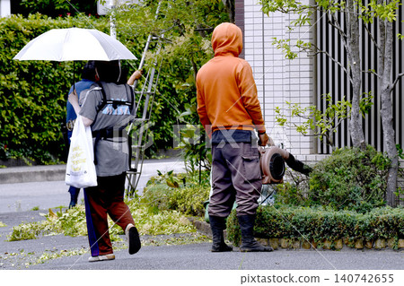 Cityscape of Yokohama, Japan: Careful cleaning work after pruning was observed in the city streets...with consideration for the safety of passersby...=Yokohama City Cityscape of Yokohama, Japan: Careful cleaning work after pruning was observed in the city streets...with consideration for the safety of passersby...=Yokohama City 140742655
