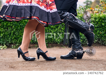 View of the feet or legs of Chilean huasos, posing and showing details of their traditional attire, with leather, skirt, shoes, and spurs. Chilean traditions, Chilean national holidays View of the feet or legs of Chilean huasos, posing and showing details of their traditional attire, with leather, skirt, shoes, and spurs. Chilean traditions, Chilean national holidays 140742762