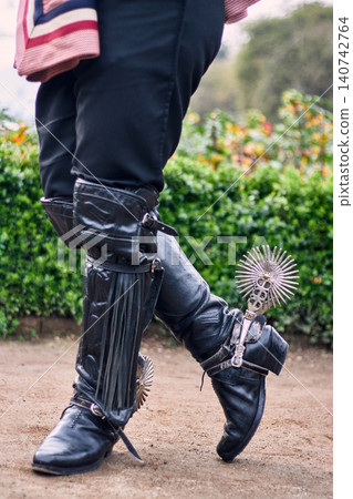 View of the feet or legs of Chilean huasos, posing and showing details of their traditional attire, with leather, skirt, shoes, and spurs. Chilean traditions, Chilean national holidays 140742764