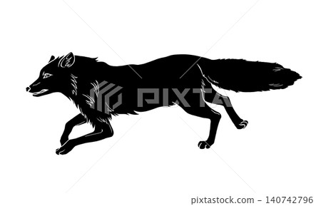 一隻奔跑的狐狸的黑白插圖（側視圖）（寫實風格，帶有白色輪廓線）。 140742796