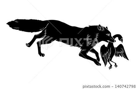 A realistic black and white illustration (with a white outline) of a fox (side view) holding a goose in its mouth. A realistic black and white illustration (with a white outline) of a fox (side view) holding a goose in its mouth. 140742798