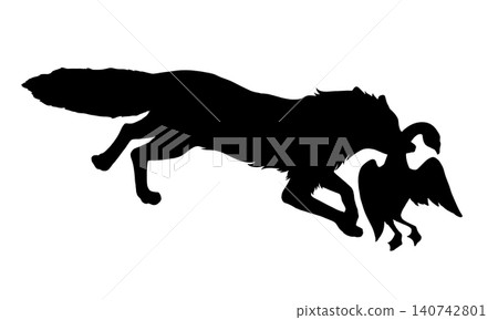 狐狸的剪影（側面視圖），嘴裡叼著一隻鵝。 140742801