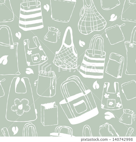 Seamless Pattern with Eco Bags on Green Background. Sustainable Reusable Shopping Totes, Grocery Packaging, Mesh and Zero Waste Lifestyle. Line Hand Drawn Vector Illustration Seamless Pattern with Eco Bags on Green Background. Sustainable Reusable Shopping Totes, Grocery Packaging, Mesh and Zero Waste Lifestyle. Line Hand Drawn Vector Illustration 140742998