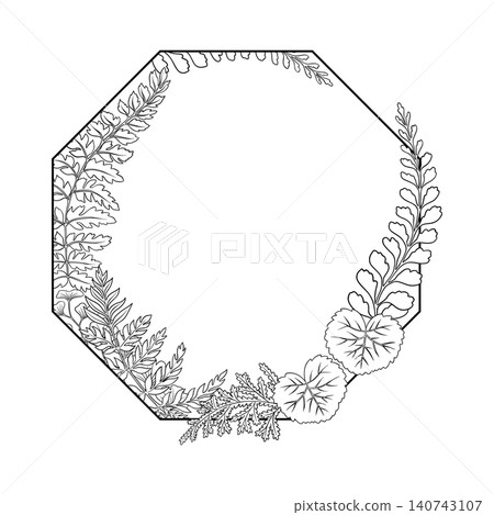 Vector fern leaves thin outline frame. Hand drawn octagonal botanical design with black foliage and copy space. Decorative template for wedding card label. Woodland nature logo for floral decoration. Vector fern leaves thin outline frame. Hand drawn octagonal botanical design with black foliage and copy space. Decorative template for wedding card label. Woodland nature logo for floral decoration. 140743107
