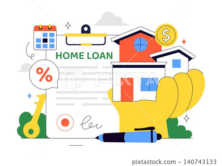 Home Loan Vector Illustration Featuring Mortgage Approval, Property Financing, Interest Rate Planning, Home ownership, and Real Estate Investment 140743133