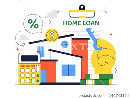 Home Loan Vector Illustration Featuring Mortgage Approval, Property Financing, Interest Rate Planning, Home ownership, and Real Estate Investment 140743134