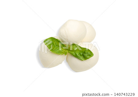 Round mozzarella balls placed with basil leaves nearby, PNG Round mozzarella balls placed with basil leaves nearby, PNG 140743229