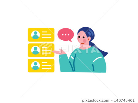 Illustration of a woman chatting on social media. 140743401