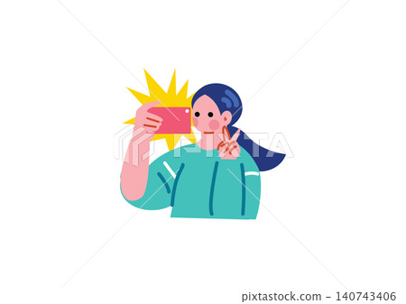 一名女性用智慧型手機自拍的插圖 一名女性用智慧型手機自拍的插圖 140743406