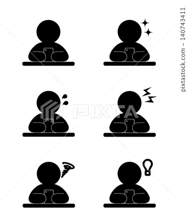 A set of facial expression and emotion icons for people looking at their smartphones. 140743411
