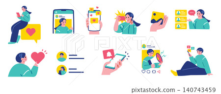 A set of illustrations of people using social media. 140743459