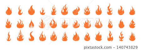 Crayon burning fire. Hand drawn orange flame set. Different vector icons 140743829