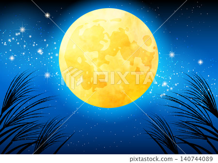 Moon viewing background, cute, illustration, full moon, fifteenth night, pampas grass, Milky Way, horizontal 140744089