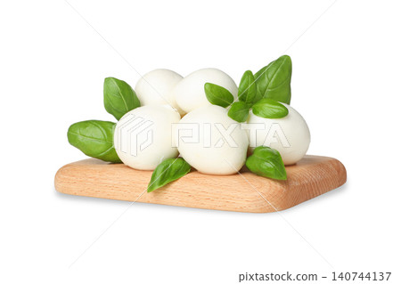 Mozzarella balls and basil on a wooden board, PNG Mozzarella balls and basil on a wooden board, PNG 140744137