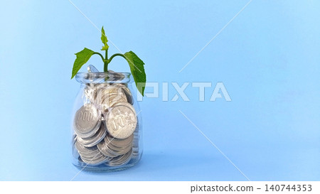 Concept or illustration of saving money: coins in a glass and a blooming plant. Concept or illustration of saving money: coins in a glass and a blooming plant. 140744353