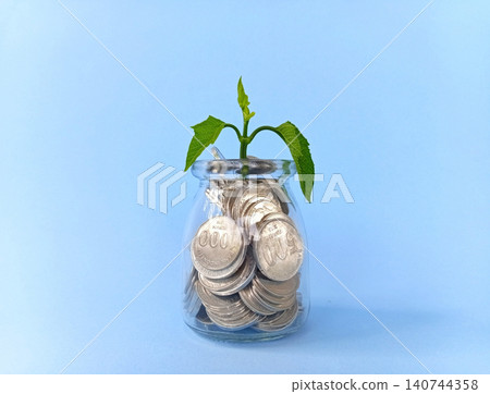 Concept or illustration of saving money: coins in a glass and a blooming plant. Concept or illustration of saving money: coins in a glass and a blooming plant. 140744358