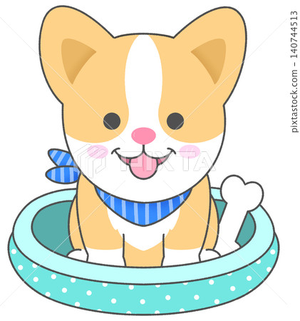 Cute Puppy Sitting in Pet Bed with Bone Toy Cartoon Character Cute Puppy Sitting in Pet Bed with Bone Toy Cartoon Character 140744513