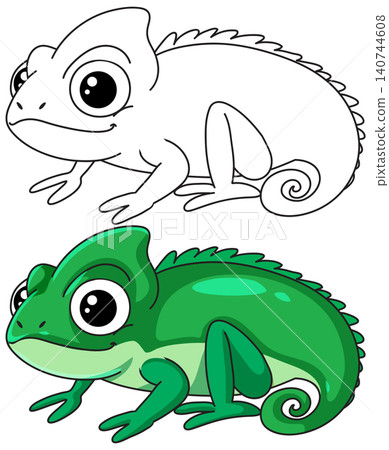 Cute Cartoon Chameleon Vector Illustration in Color and Line Art 140744608
