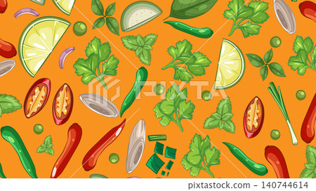 Vector Illustration of Thai Cuisine Ingredients on Orange Background Vector Illustration of Thai Cuisine Ingredients on Orange Background 140744614
