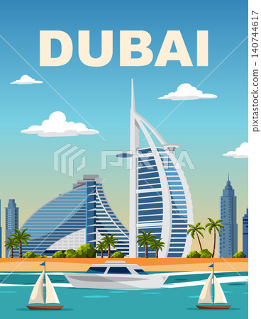 Dubai City Travel Poster Illustration with Luxury Hotels and Coastal Beach View 140744617