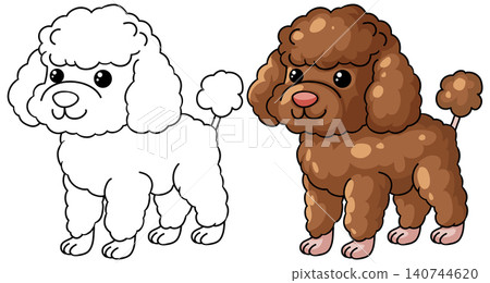 Cute Poodle Dog Cartoon Character in Color and Line Art Style 140744620