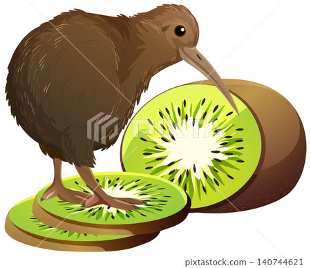 Kiwi Bird Standing on Sliced Kiwi Fruit Illustration 140744621