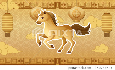 Chinese Zodiac Horse Vector Illustration with Traditional Lanterns and Clouds Chinese Zodiac Horse Vector Illustration with Traditional Lanterns and Clouds 140744623