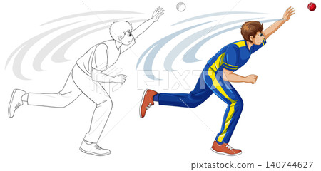 Professional Cricket Player Throwing Ball in Motion with Line Art Version Professional Cricket Player Throwing Ball in Motion with Line Art Version 140744627