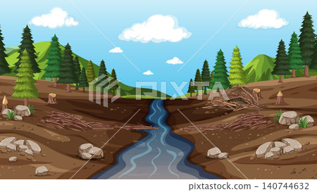 Cartoon Forest Landscape with River and Beaver Dam Structures Cartoon Forest Landscape with River and Beaver Dam Structures 140744632