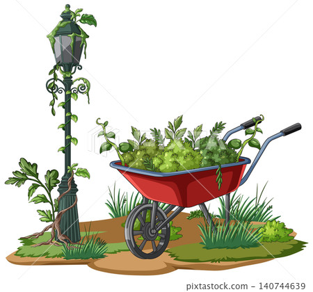 Overgrown Wheelbarrow and Lamp Post in Abandoned Garden Overgrown Wheelbarrow and Lamp Post in Abandoned Garden 140744639