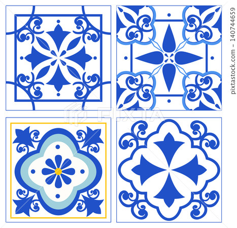 Set of Four Blue Mediterranean Style Ceramic Tile Vector Patterns 140744659