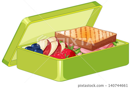 Healthy Green Lunch Box with Toasted Sandwich and Fresh Fruit 140744661