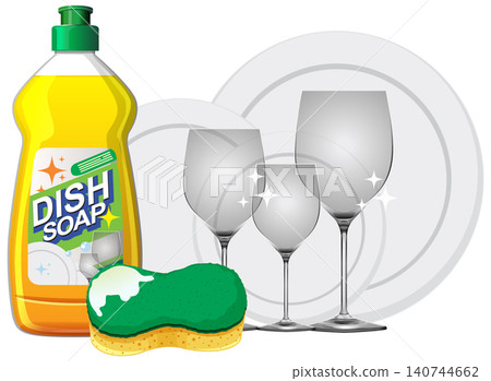 Dish Soap and Sponge with Clean Wine Glasses Illustration 140744662