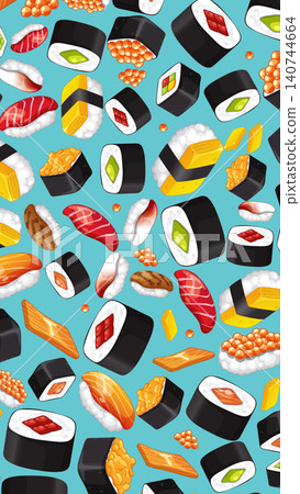 Seamless Vector Pattern of Japanese Sushi and Seafood on Blue Background 140744664
