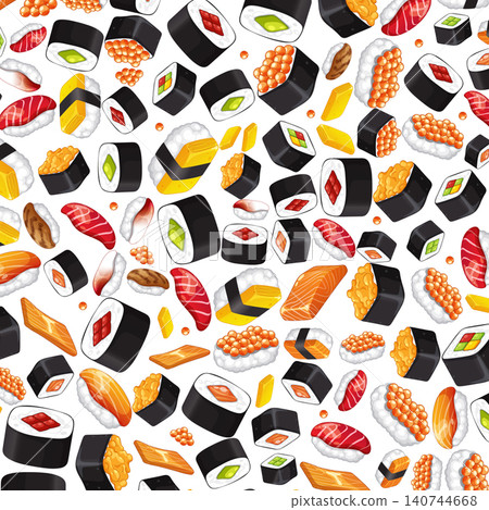 Seamless Vector Pattern of Assorted Japanese Sushi and Seafood Rolls 140744668