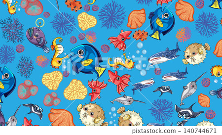 Seamless Cartoon Pattern of Colorful Ocean Animals and Coral Reef Life Seamless Cartoon Pattern of Colorful Ocean Animals and Coral Reef Life 140744671