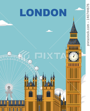 Flat Vector Travel Poster of London Landmarks Including Big Ben and Ferris Wheel 140744676