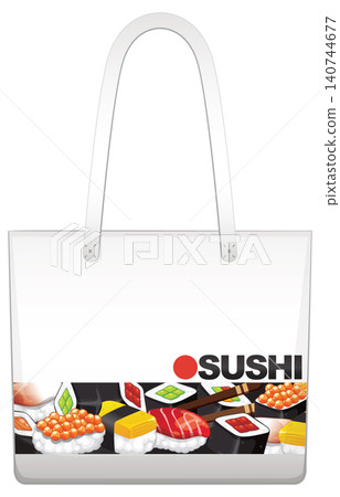 White Tote Bag with Colorful Sushi Pattern and Text Graphic 140744677