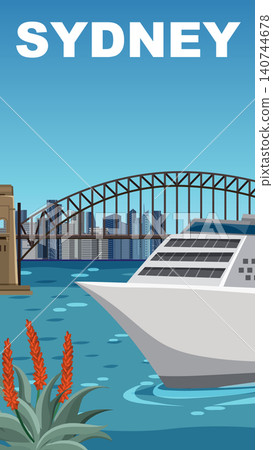 Vector Illustration of Sydney Harbour Bridge with Cruise Ship and City Skyline 140744678