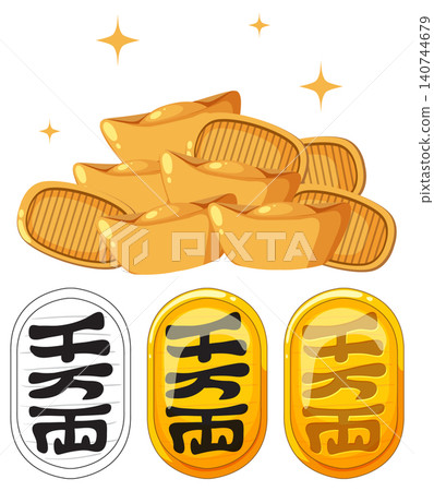 Stack of Gold Ingots and Oval Coins Vector Illustration 140744679