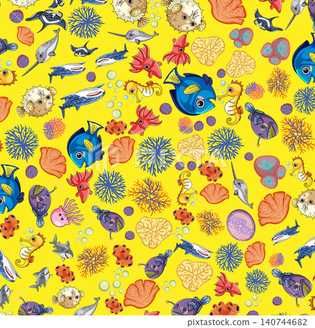 Seamless Cartoon Vector Pattern with Colorful Ocean Animals and Coral Reef 140744682