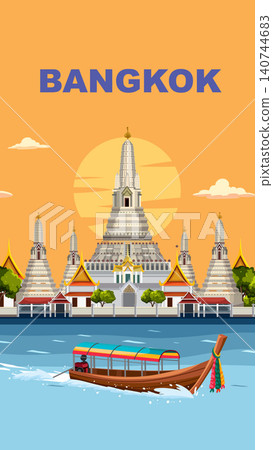Bangkok City Travel Poster with Wat Arun Temple and Longtail Boat 140744683