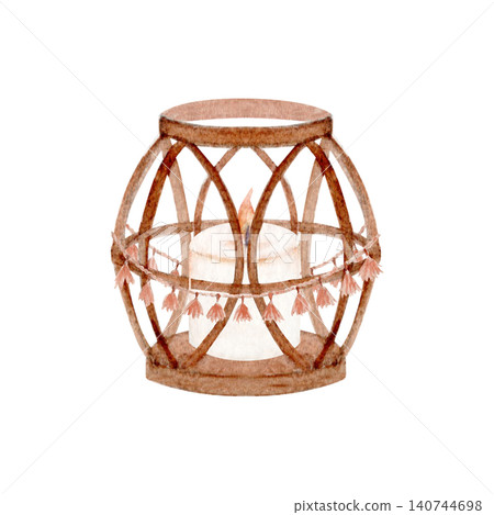 Watercolor wicker lantern with candle and tassel garland. Hand painted boho decor illustration isolated on white background. Perfect for wedding stationery, coastal decor and cozy table settings Watercolor wicker lantern with candle and tassel garland. Hand painted boho decor illustration isolated on white background. Perfect for wedding stationery, coastal decor and cozy table settings 140744698
