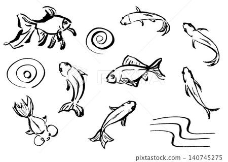 A set of hand-drawn goldfish illustrations with a brushstroke style. A set of hand-drawn goldfish illustrations with a brushstroke style. 140745275
