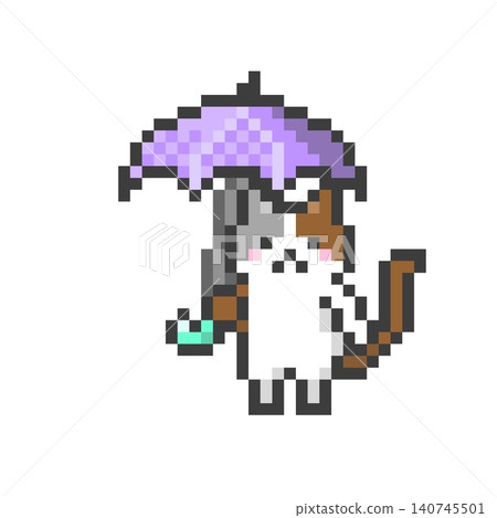一隻三色貓拿著一把像素化的雨傘 140745501