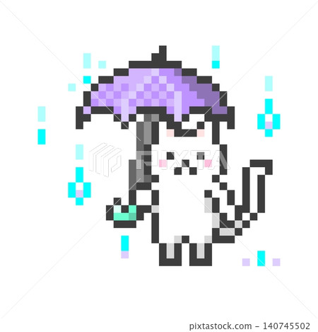 像素畫風格的白貓在雨中撐著傘。 像素畫風格的白貓在雨中撐著傘。 140745502
