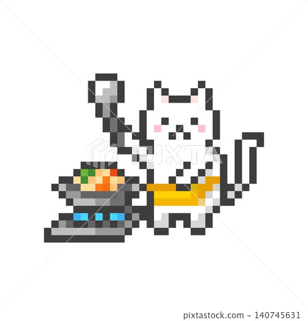 一隻白貓在像素畫中做飯。 一隻白貓在像素畫中做飯。 140745631